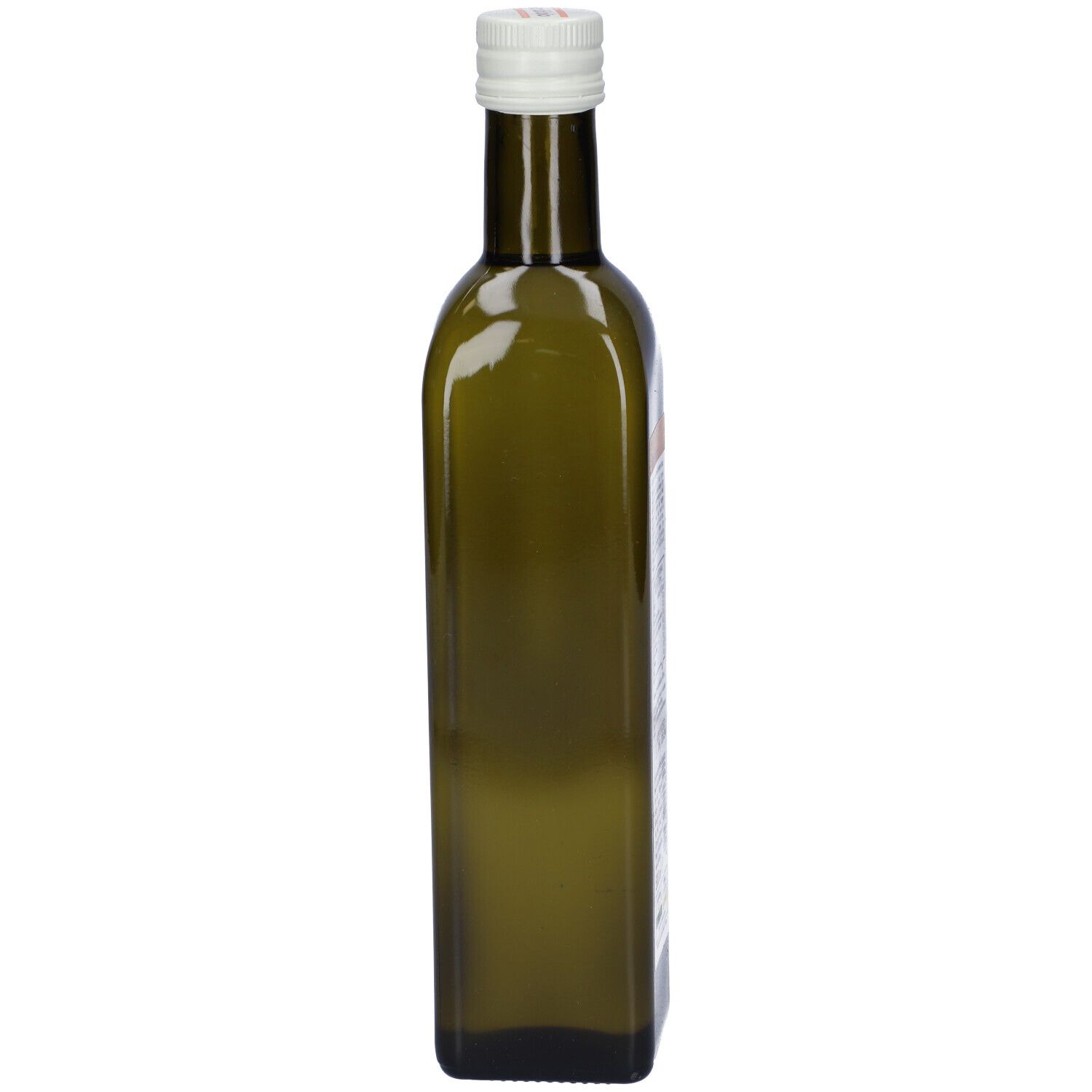 Bottiglia di vetro verde, vuota, con tappo bianco. Nome del prodotto non visibile.