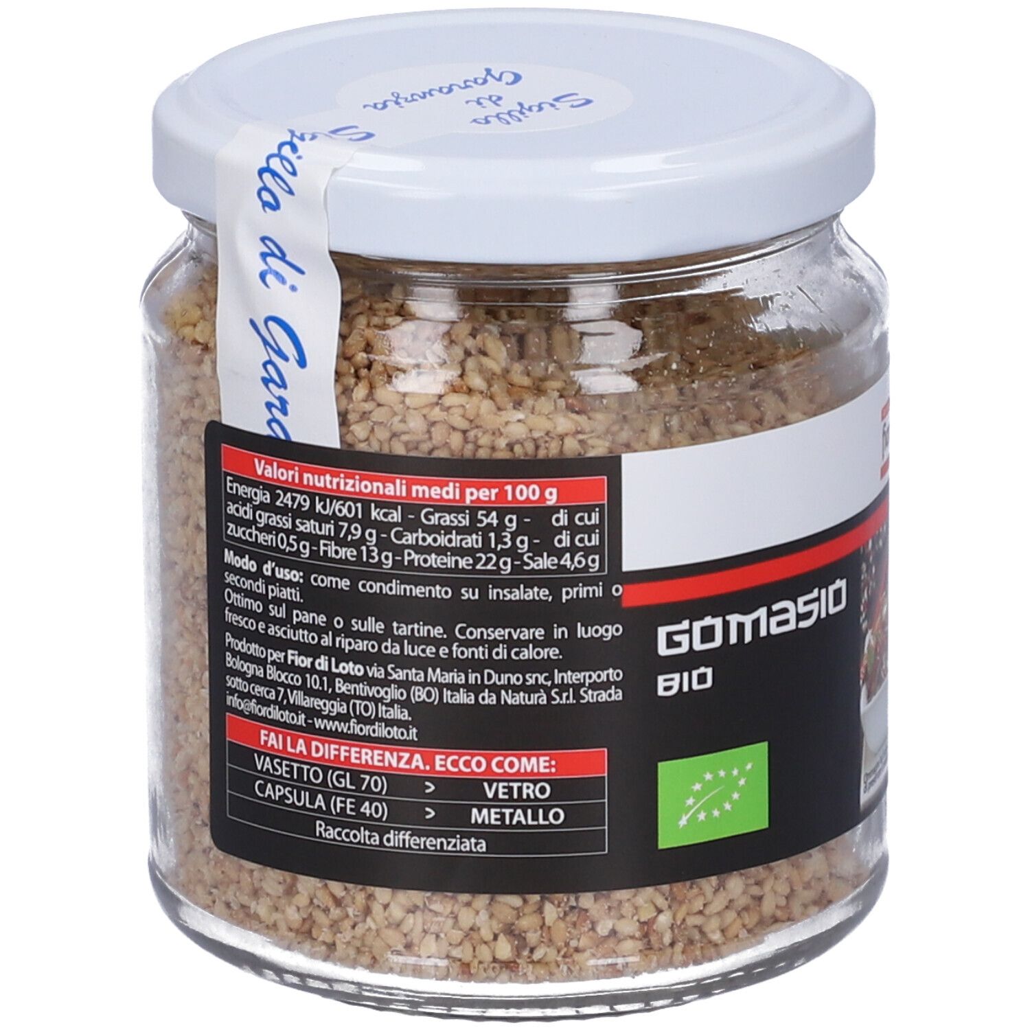 Vasetto di Gomasio. Retro con informazioni nutrizionali e istruzioni per l'uso.