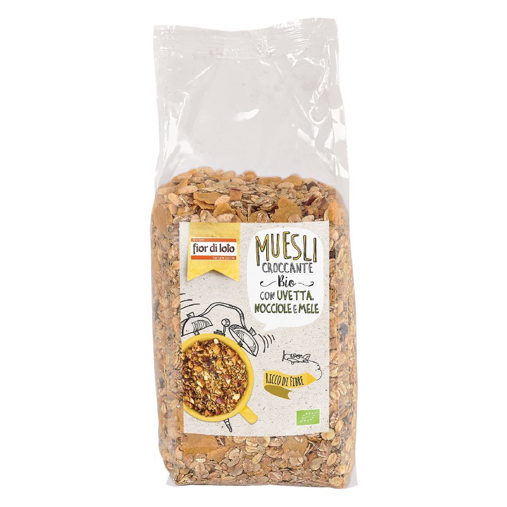 Confezione trasparente di muesli. Stampa con nome del prodotto e logo. Certificazione biologica.