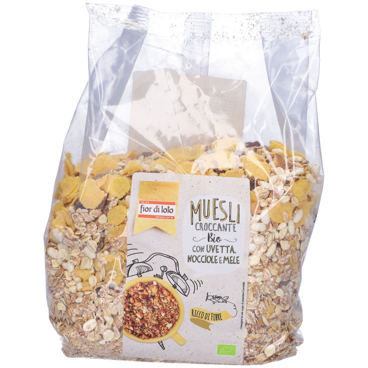 Confezione trasparente di muesli. Stampa con nome del prodotto e logo. Certificazione biologica.