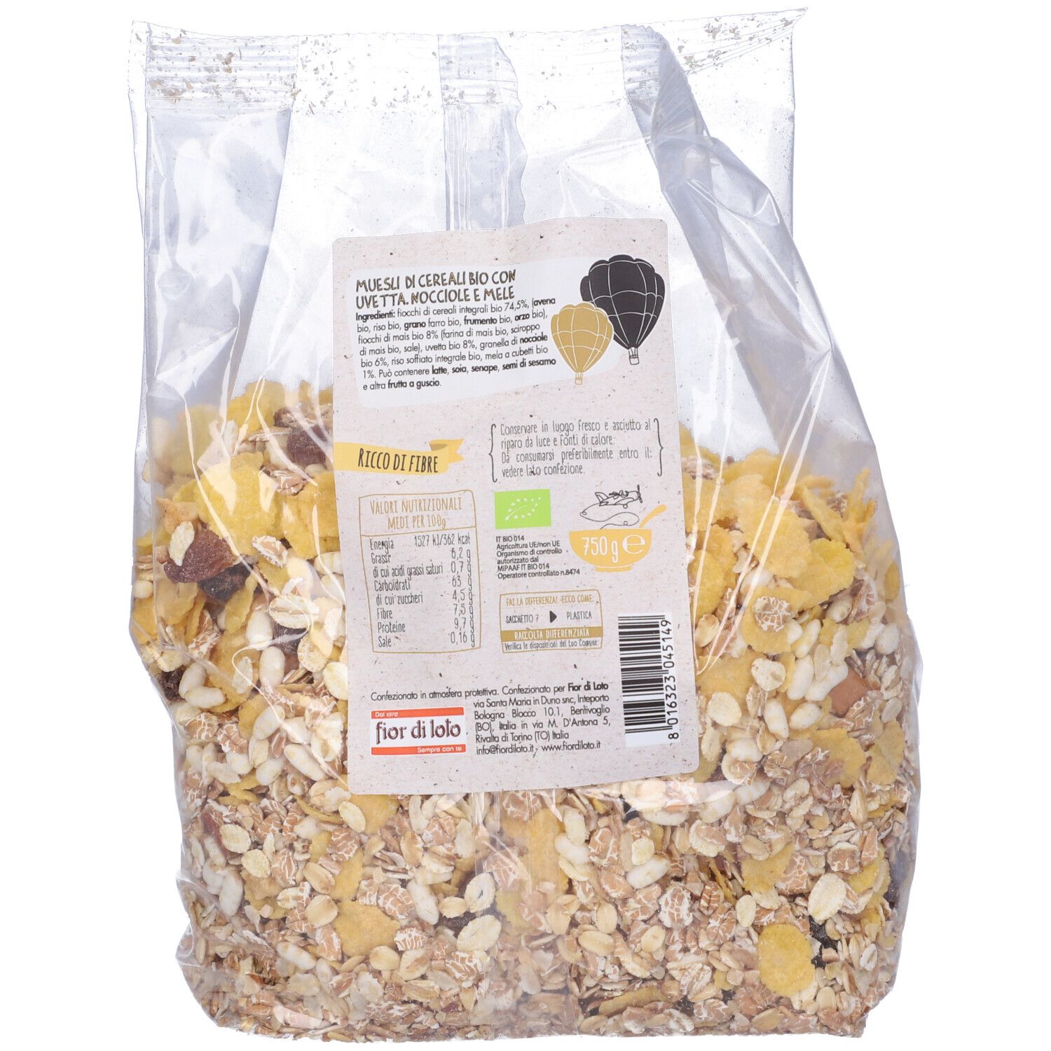 Retro della confezione di muesli. Contiene informazioni nutrizionali, certificazione biologica e informazioni sul prodotto.