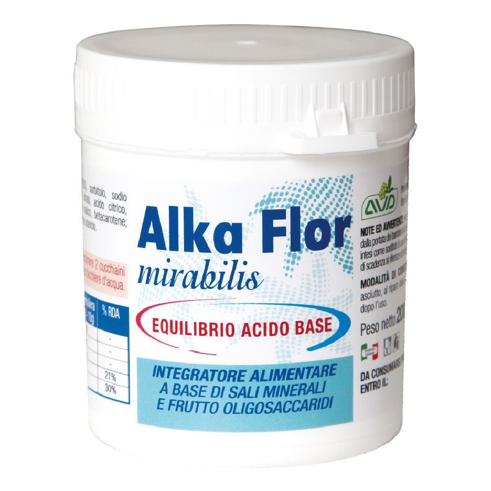 Barattolo bianco con coperchio. Scritta Alka Flor mirabilis, sotto 'Equilibrio Acido Base'.