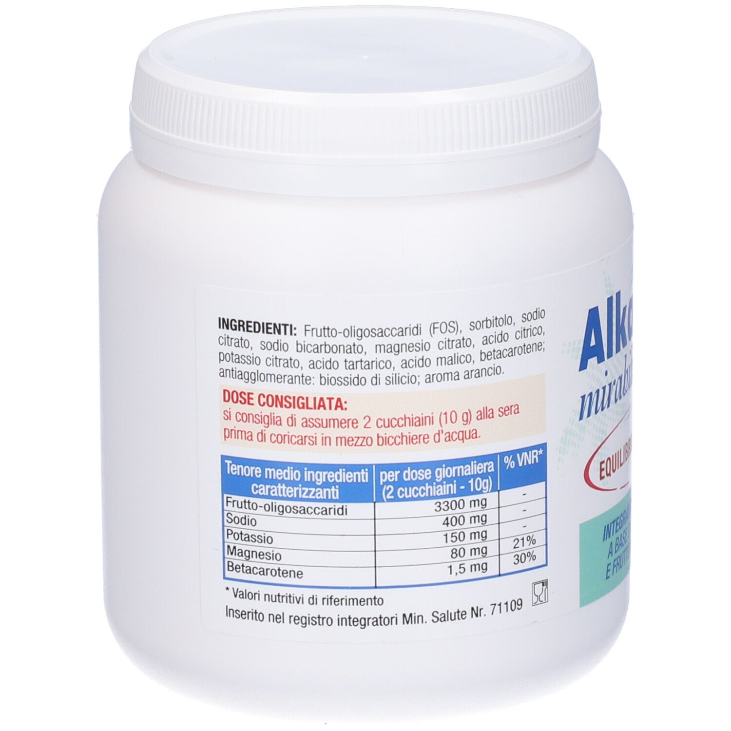 Retro di un barattolo bianco. Elenco ingredienti e informazioni nutrizionali per Alka Flor mirabilis.