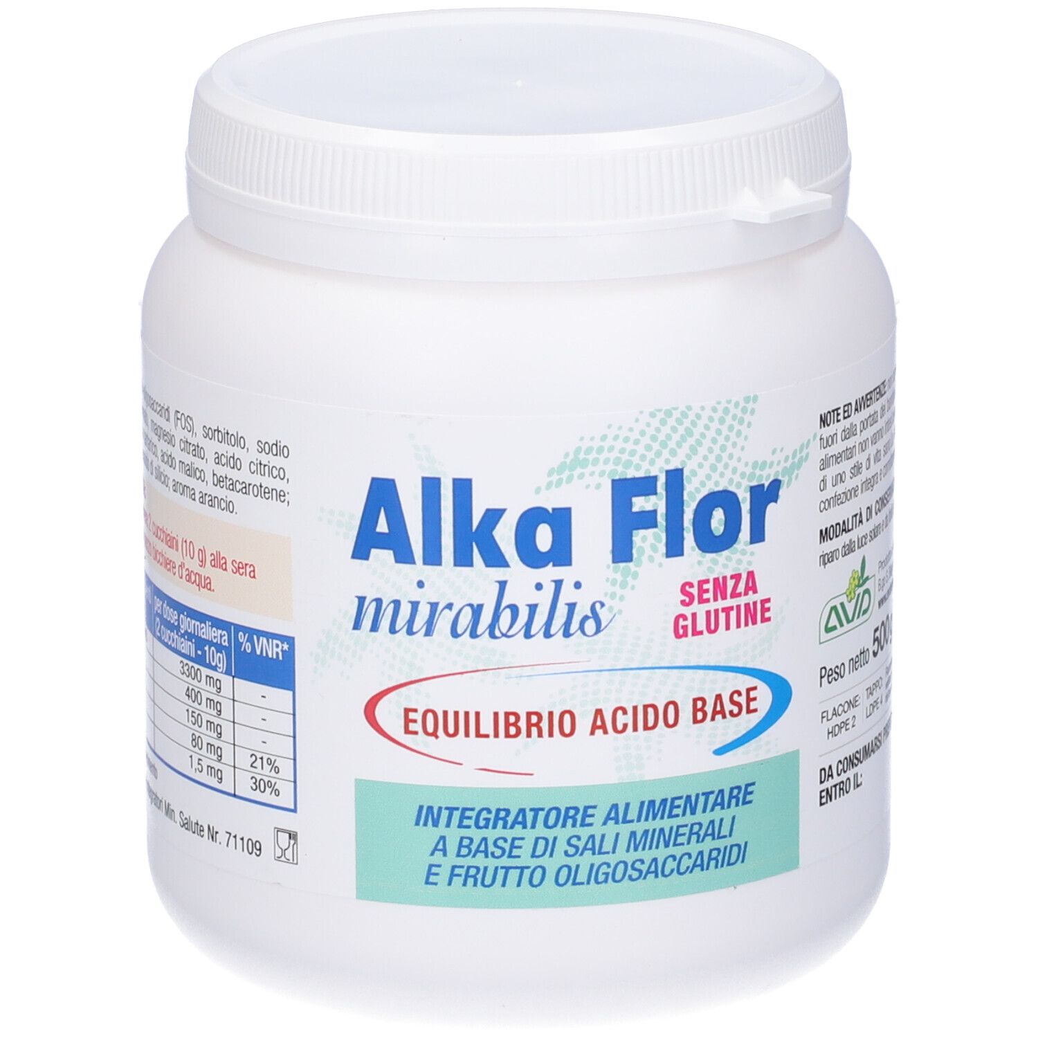 Barattolo bianco con coperchio. Scritta Alka Flor mirabilis, 'Senza Glutine' e 'Equilibrio Acido Base'.