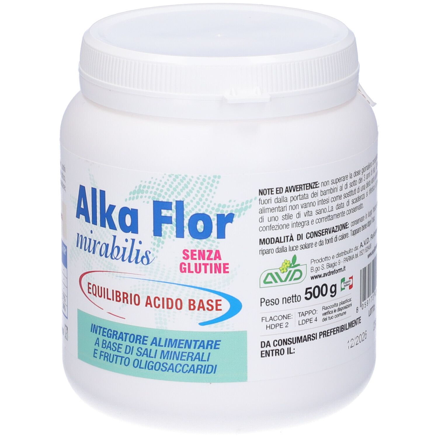 Barattolo bianco con coperchio. Scritta Alka Flor mirabilis, 'Senza Glutine', 500g.