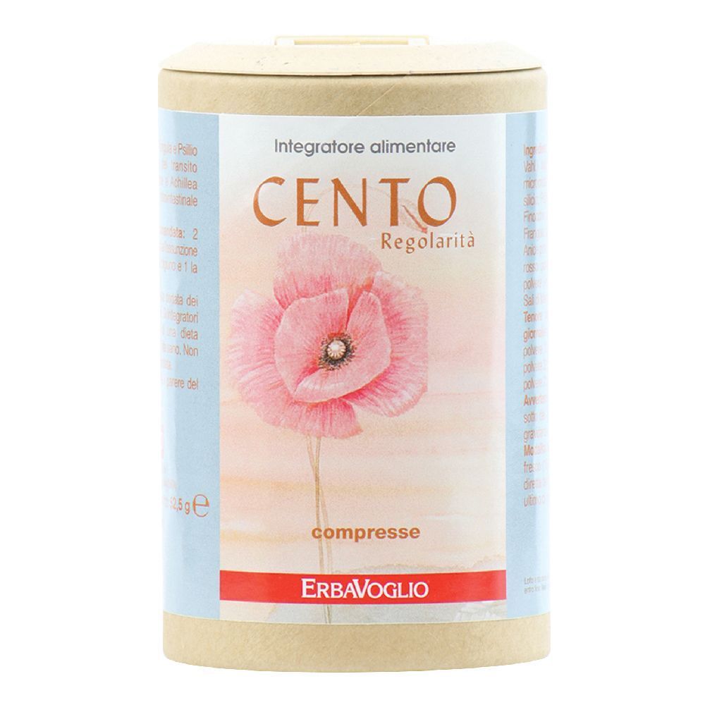 Barattolo cilindrico con CENTO e motivo floreale. Striscia rossa con logo.