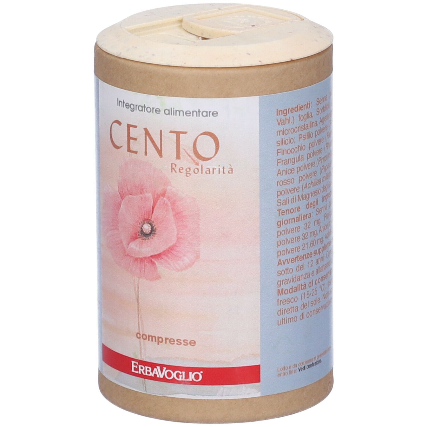 Barattolo cilindrico con CENTO e motivo floreale. Coperchio con apertura.