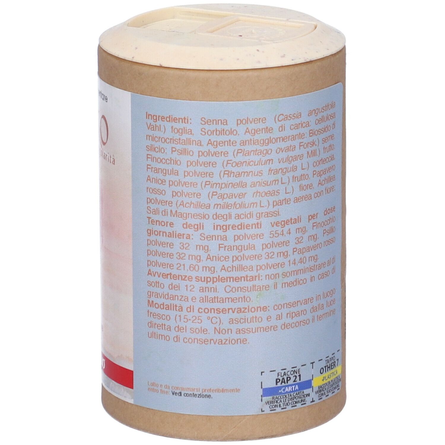 Retro del barattolo con ingredienti. Testo e loghi. Coperchio con apertura.