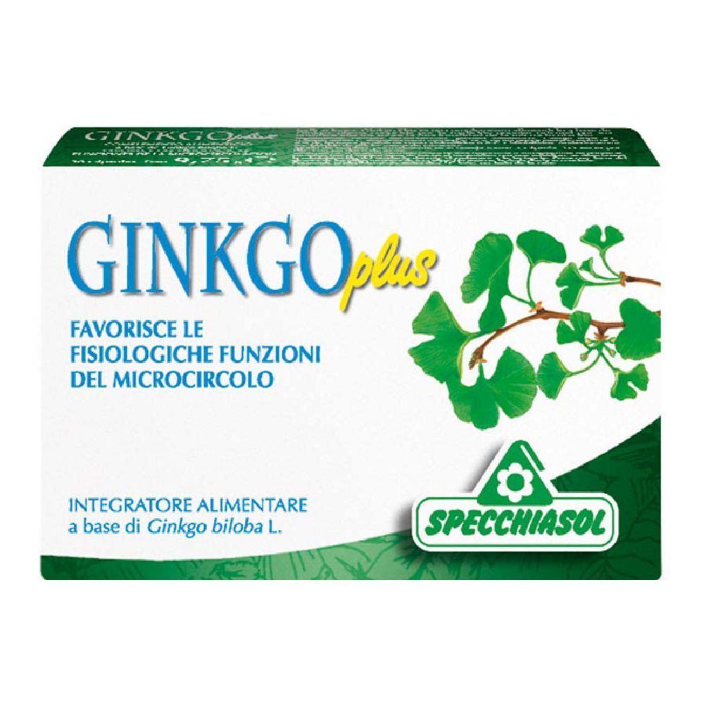 Confezione di Ginkgo Plus. Scatola bianca con testo blu e giallo. Illustrazione di foglie di ginkgo e testo in italiano.
