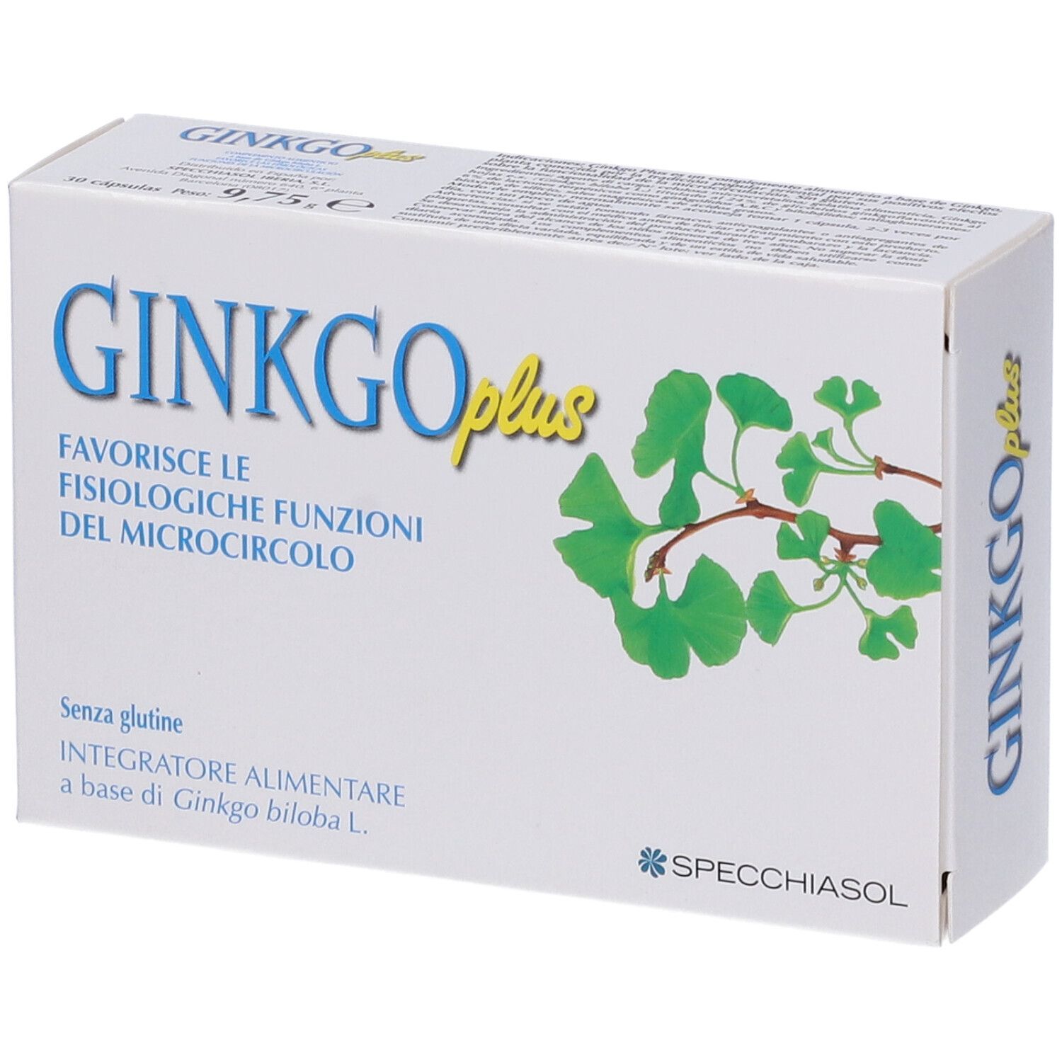 Confezione di Ginkgo Plus, angolata. Scatola bianca con testo blu e giallo. Illustrazione di foglie di ginkgo e testo in italiano.