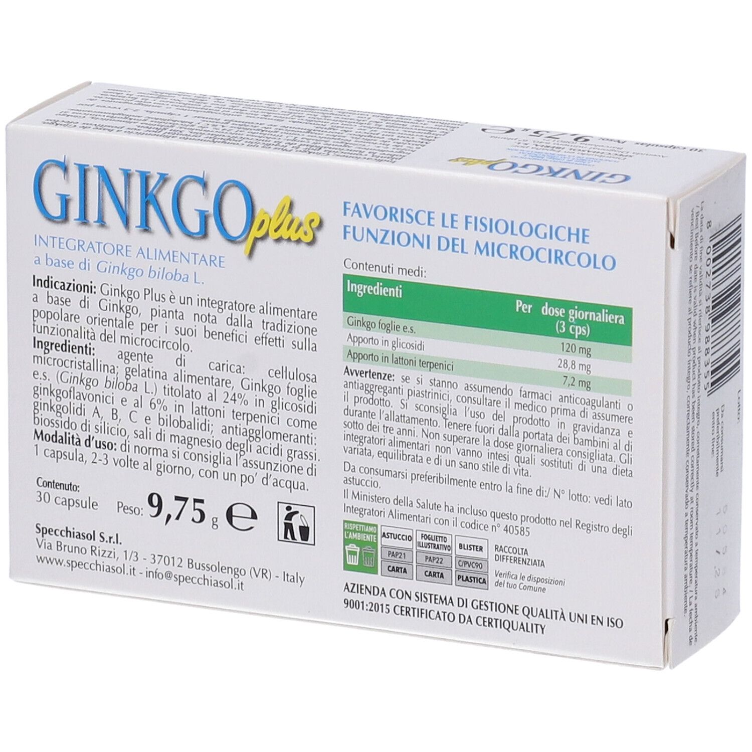 Confezione di Ginkgo Plus, angolata. Scatola bianca con testo blu e giallo. Illustrazione di foglie di ginkgo e testo in italiano.