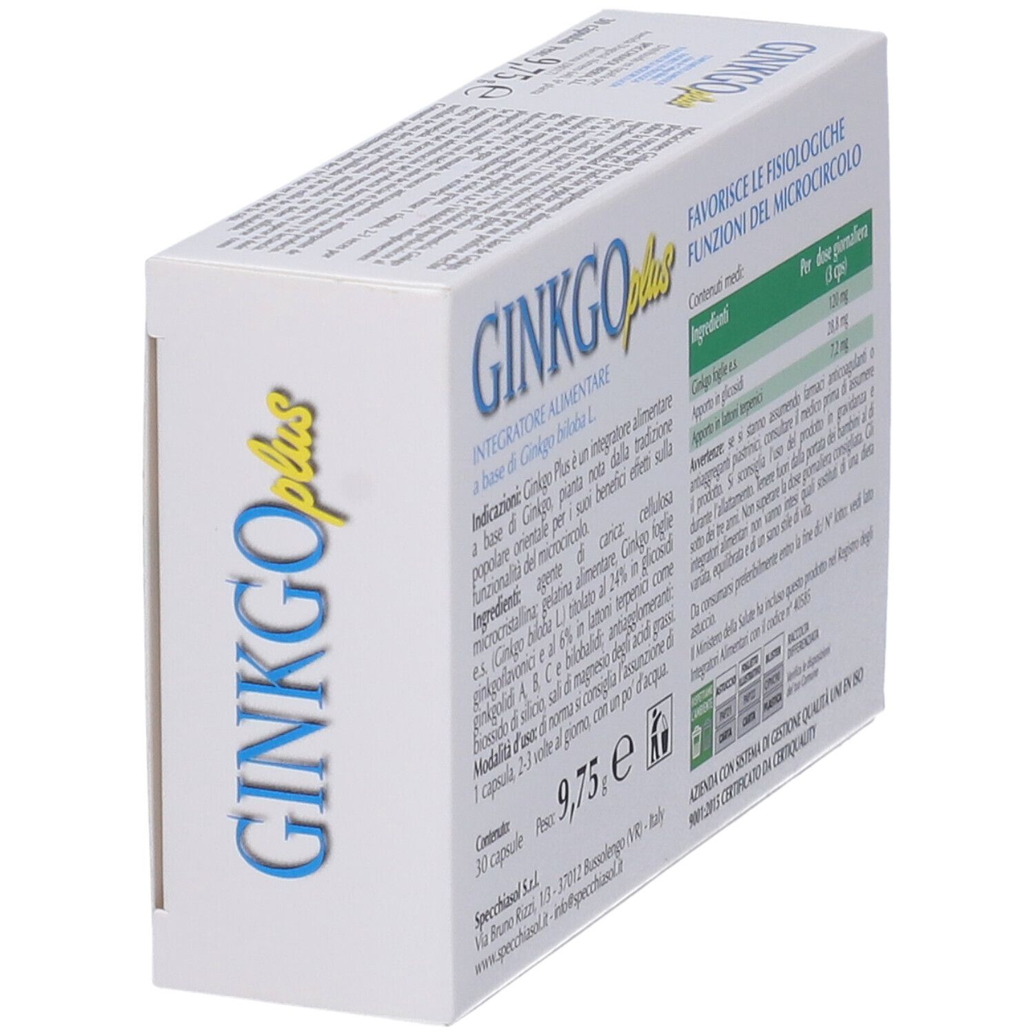 Confezione di Ginkgo Plus, angolata. Scatola bianca con testo blu e giallo. Illustrazione di foglie di ginkgo e testo in italiano.