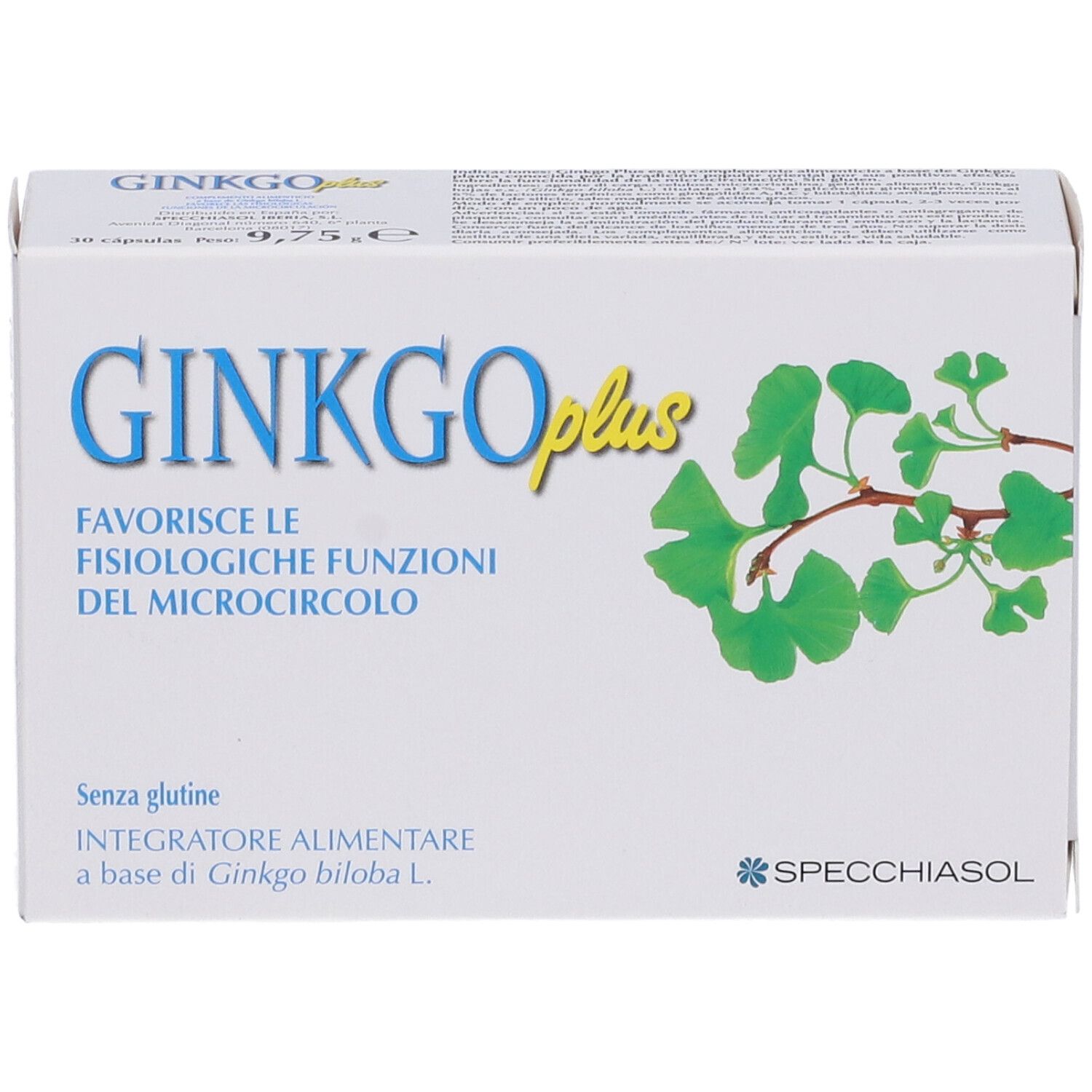 Confezione di Ginkgo Plus, angolata. Scatola bianca con testo blu e giallo. Illustrazione di foglie di ginkgo e testo in italiano.