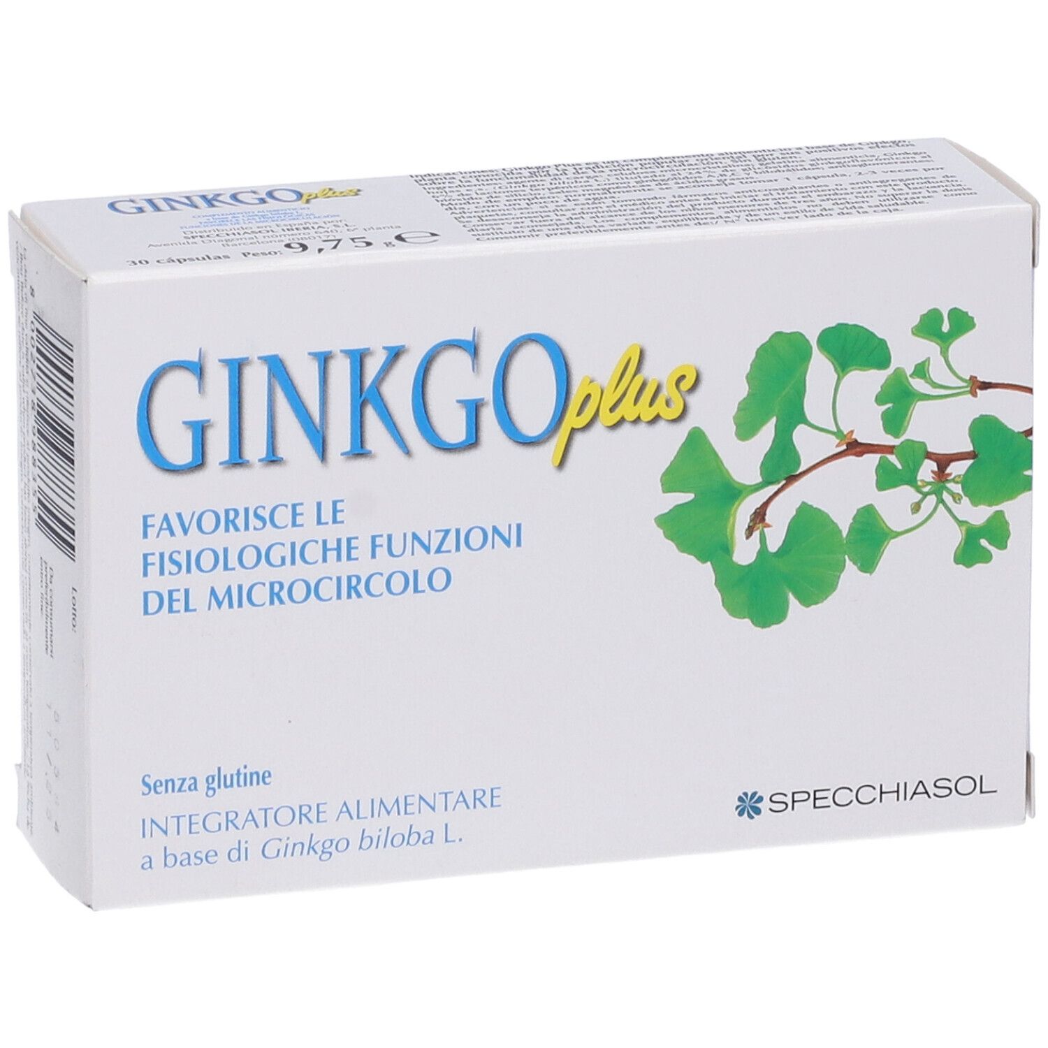 Confezione di Ginkgo Plus. Scatola bianca con testo blu e giallo. Illustrazione di foglie di ginkgo e testo in italiano.