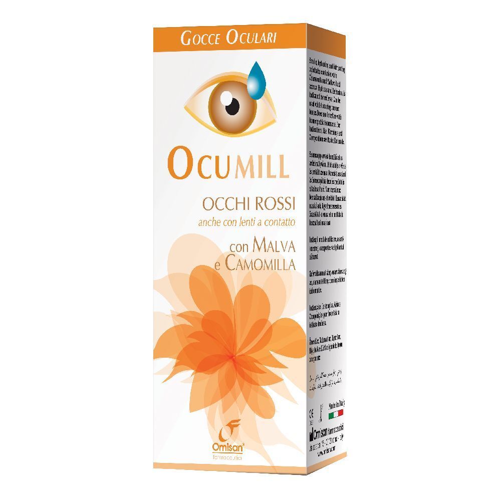 Confezione Ocumill. Scatola bianca con nome e ingredienti. Fiore arancione e rappresentazione dell'occhio.