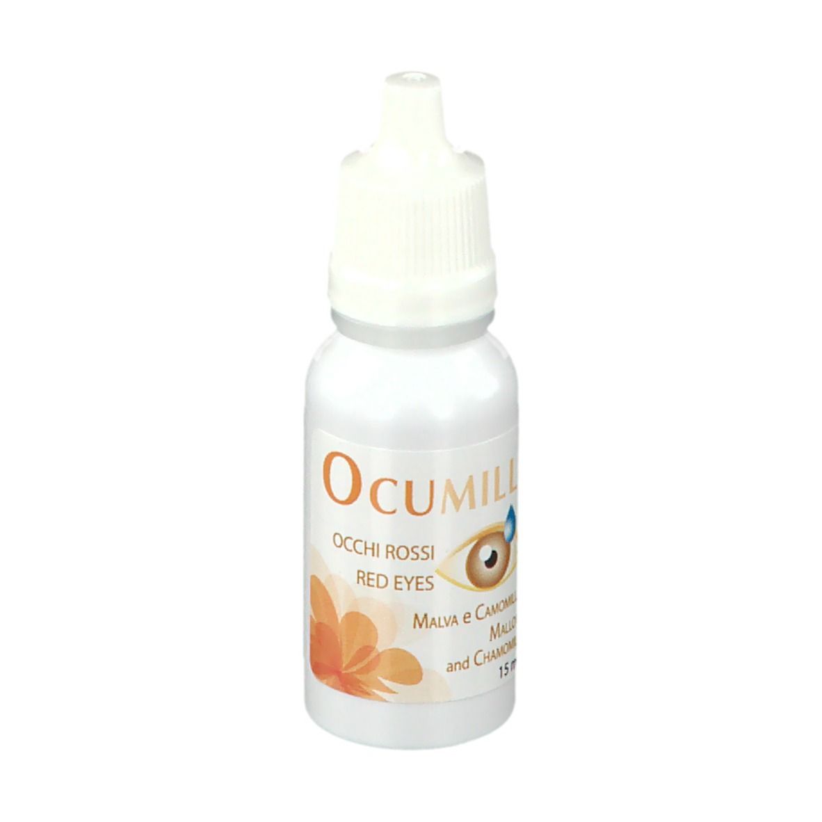 Flacone Ocumill bianco. Nome e ingredienti sull'etichetta. Contagocce con tappo bianco.