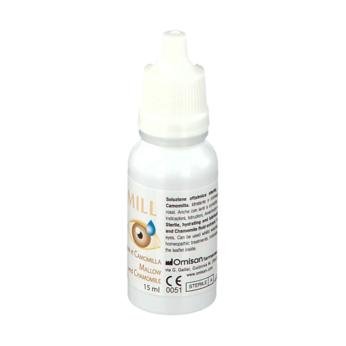 Flacone Ocumill. Nome e ingredienti sull'etichetta. Contagocce con tappo bianco.