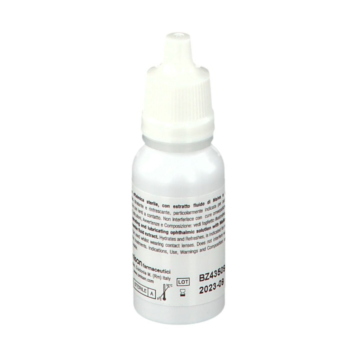 Flacone Ocumill. Nome e ingredienti sull'etichetta. Contagocce con tappo bianco.
