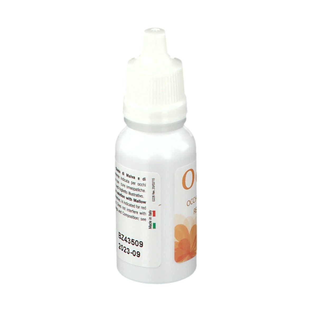 Flacone Ocumill. Nome e ingredienti sull'etichetta. Contagocce con tappo bianco.