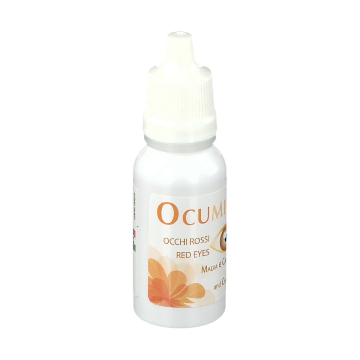Flacone Ocumill. Nome e ingredienti sull'etichetta. Contagocce con tappo bianco.
