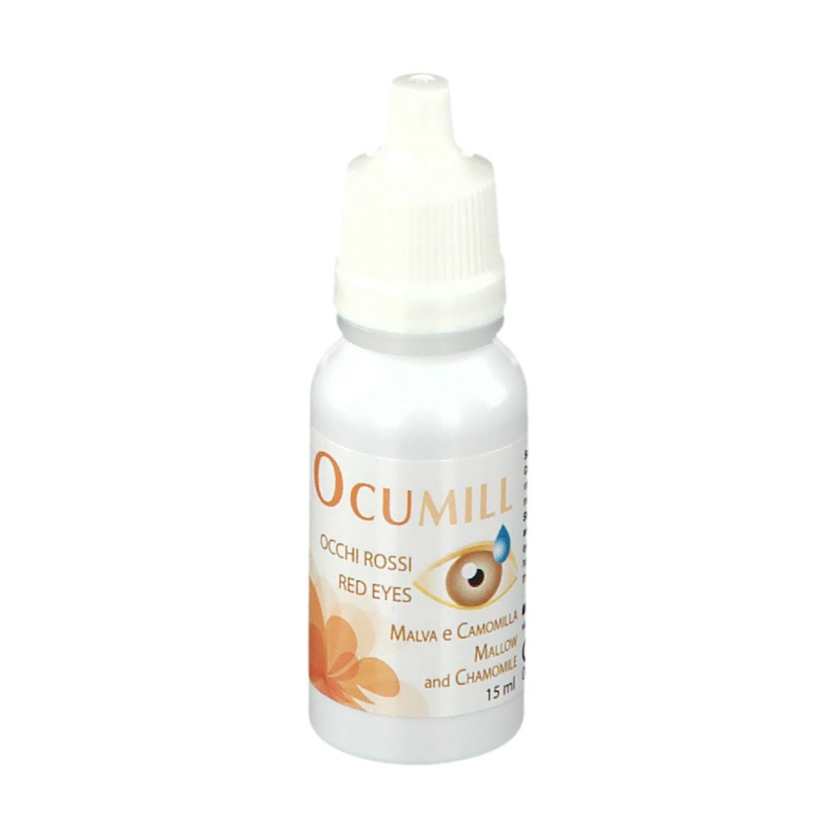 Flacone Ocumill. Nome e ingredienti sull'etichetta. Contagocce con tappo bianco.