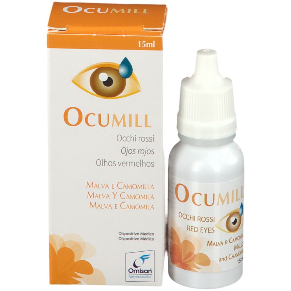 Flacone e confezione Ocumill. Flacone con etichetta, confezione con nome e ingredienti.