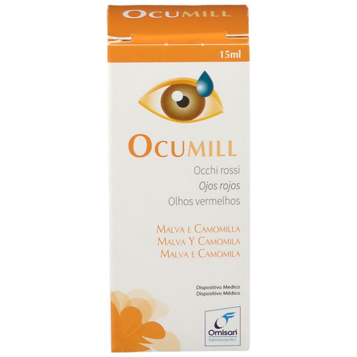 Confezione Ocumill. Scatola bianca con nome e ingredienti. Fiore arancione e rappresentazione dell'occhio.