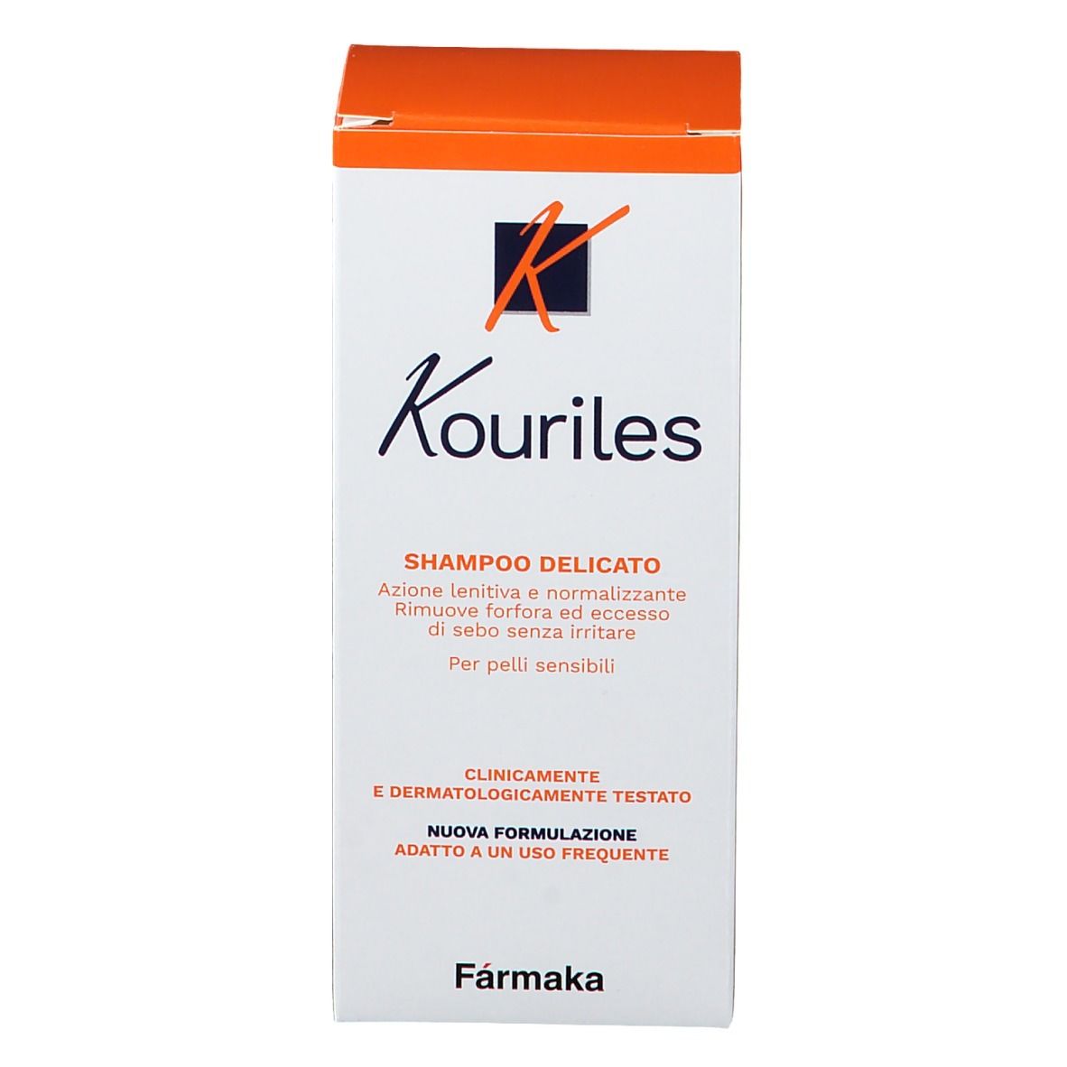 Confezione shampoo Kouriles. Scatola arancione e bianca con logo e testo. Scritta: Shampoo delicato, per pelli sensibili.