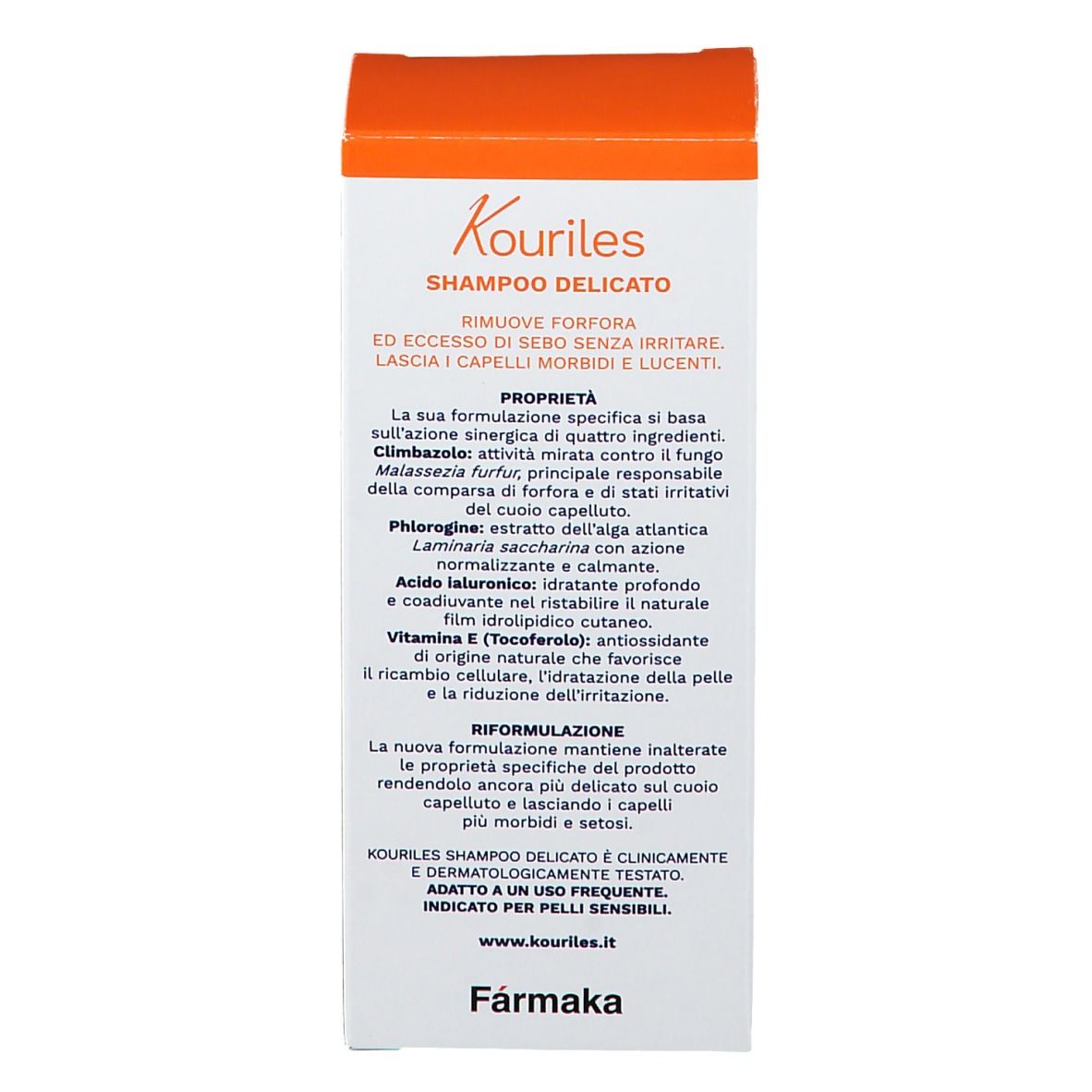 Confezione shampoo Kouriles. Scatola arancione e bianca con testo. Testo: Shampoo delicato, proprietà, ingredienti.