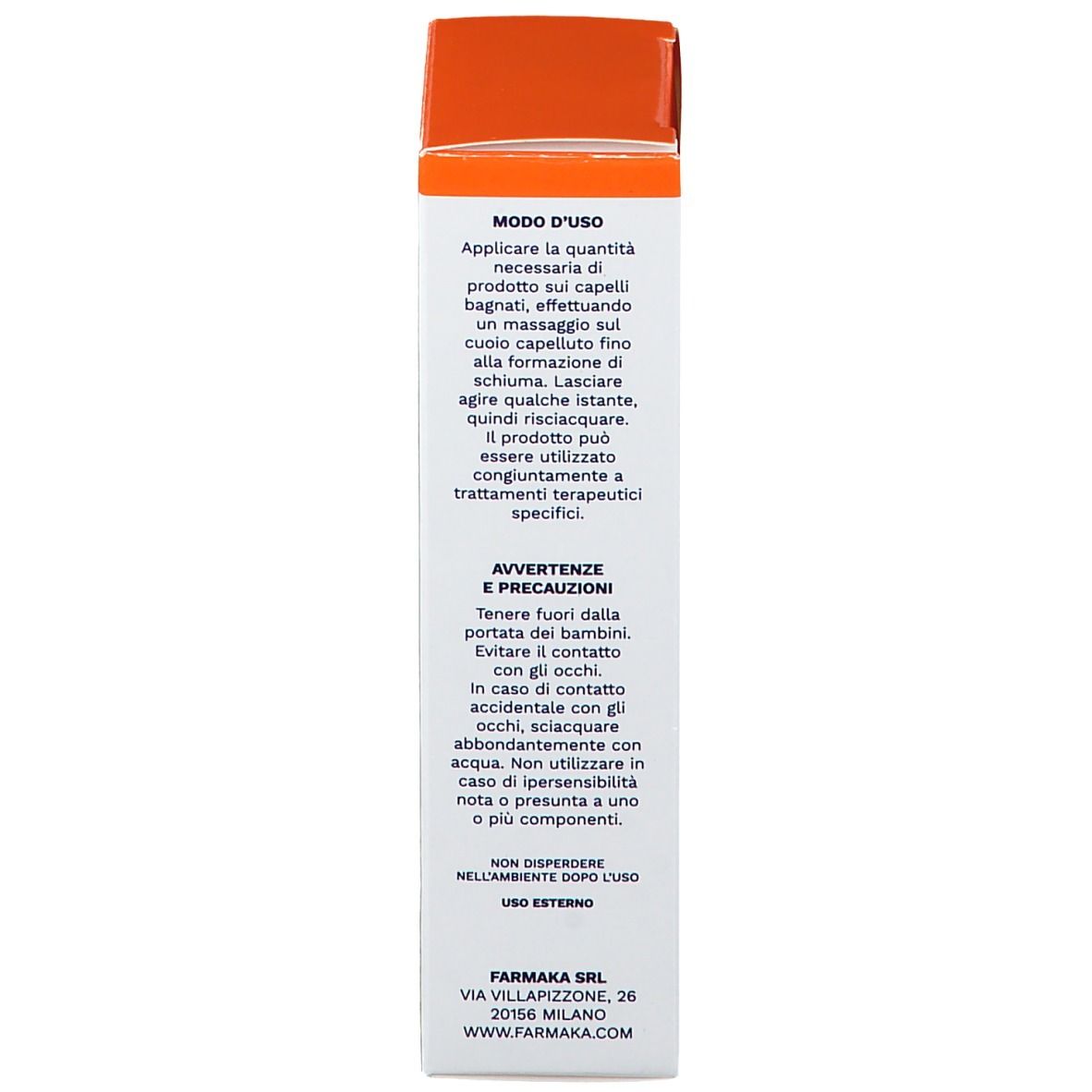Confezione shampoo Kouriles. Scatola arancione e bianca con testo. Testo: Modo d'uso, avvertenze.