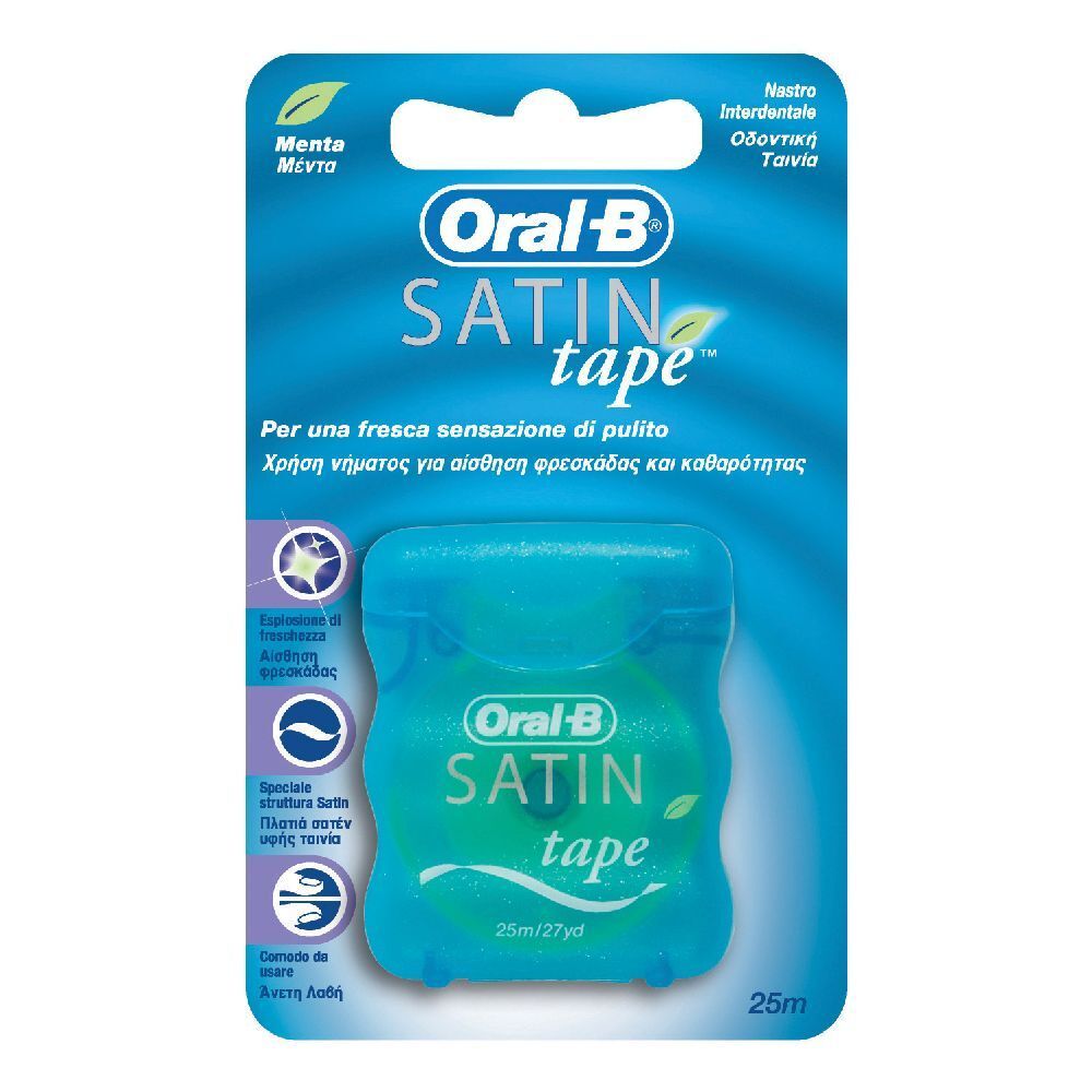 Confezione blister di filo interdentale blu. Logo "Oral-B SATIN tape". 25m. Aroma menta.