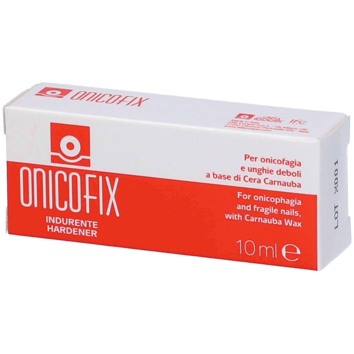 Scatola bianca e rossa. Scritto: ONICOFIX, INDURENTE HARDENER. Testo: Per onicofagia e unghie fragili, con cera Carnauba. 10 ml.