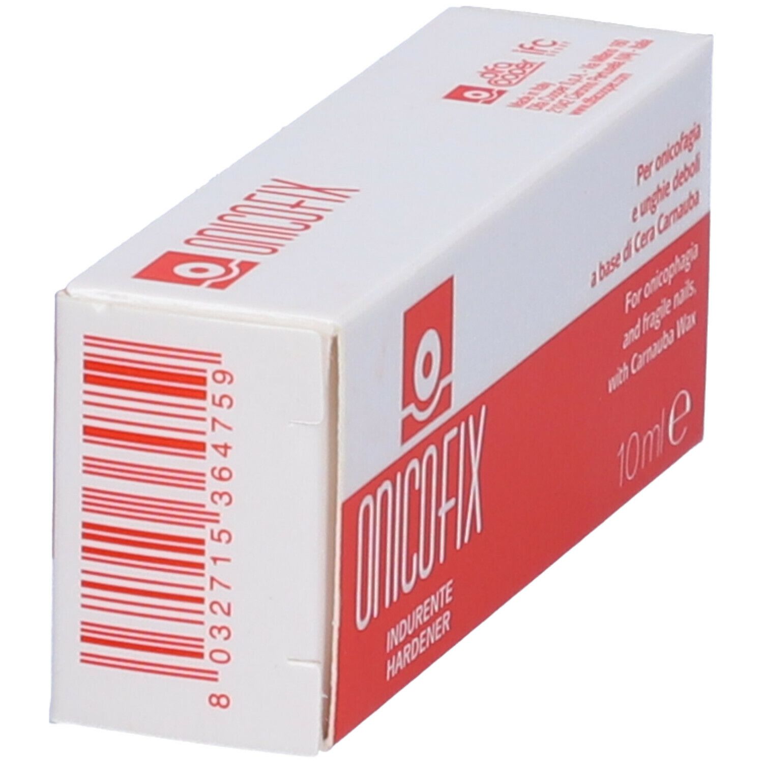 Scatola bianca e rossa. Scritto: ONICOFIX, INDURENTE HARDENER. Codice a barre. Testo: Per onicofagia e unghie fragili, con cera Carnauba. 10 ml.