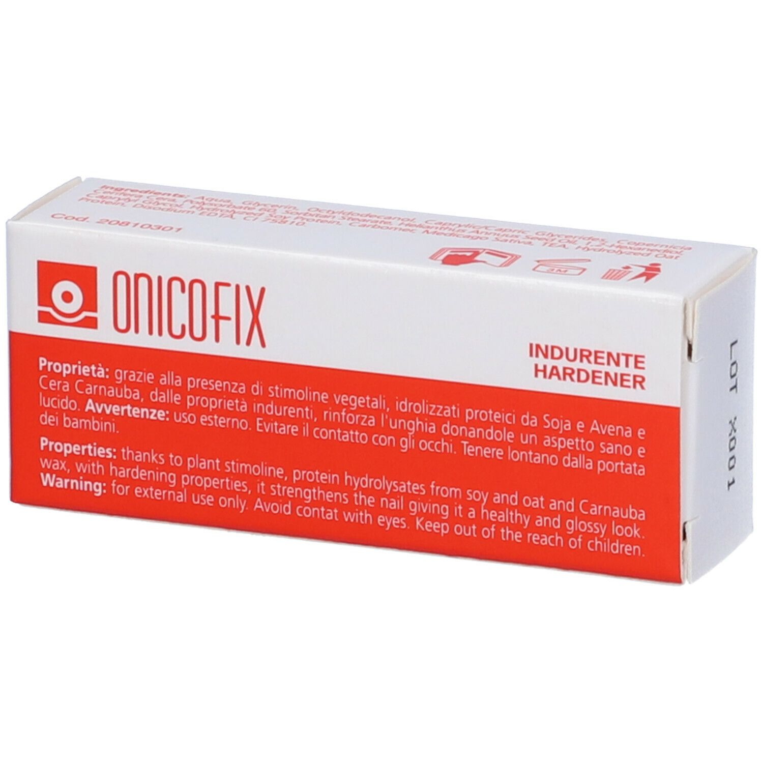 Scatola bianca e rossa. Scritto: ONICOFIX, INDURENTE HARDENER. Testo: Proprietà, ingredienti, avvertenze. 10 ml.