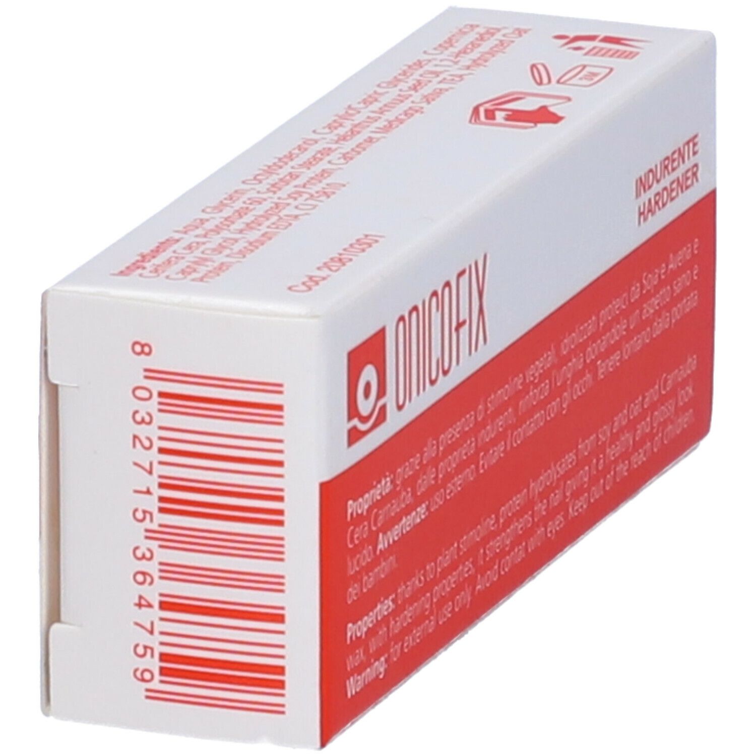 Scatola bianca e rossa. Scritto: ONICOFIX, INDURENTE HARDENER. Codice a barre. Testo: Proprietà, ingredienti, avvertenze. 10 ml.