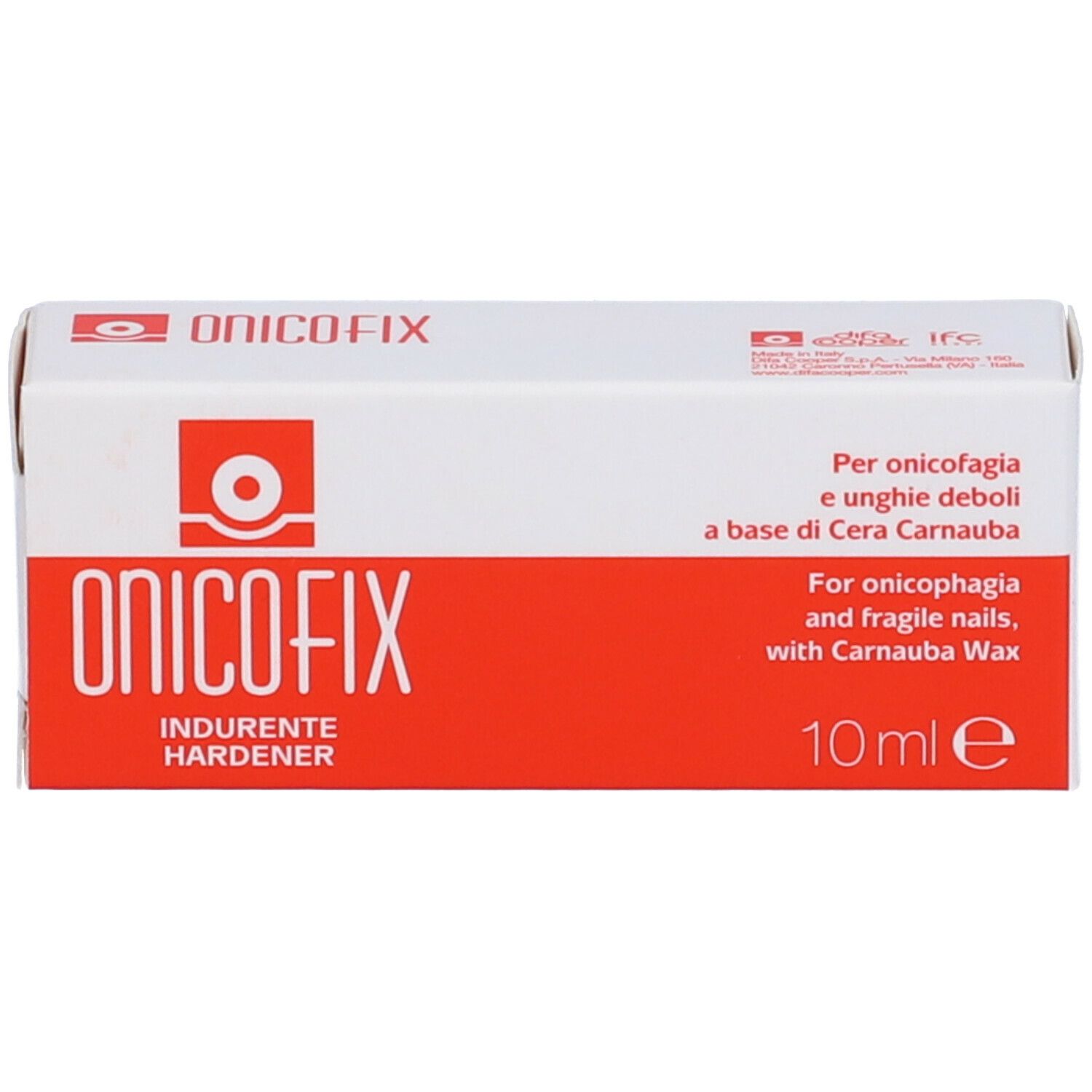 Scatola bianca e rossa. Scritto: ONICOFIX, INDURENTE HARDENER. Testo: Per onicofagia e unghie fragili, con cera Carnauba. 10 ml.