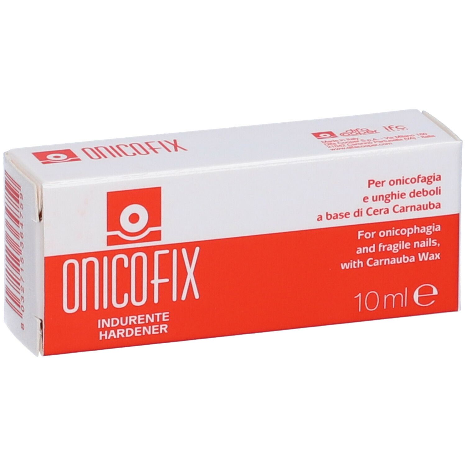 Scatola bianca e rossa. Scritto: ONICOFIX, INDURENTE HARDENER. Testo: Per onicofagia e unghie fragili, con cera Carnauba. 10 ml.