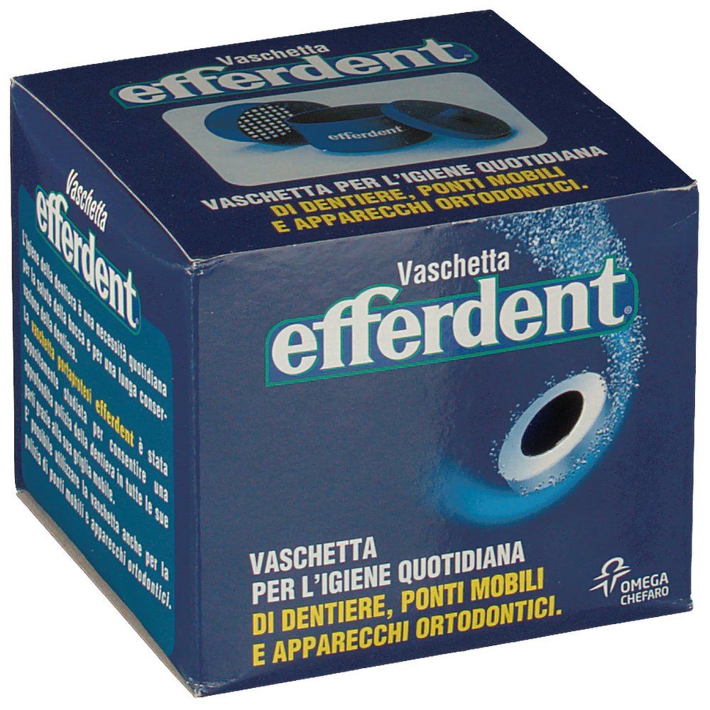 Scatola blu Efferdent. Scritto: Vaschetta per l'igiene quotidiana di dentiere, ponti mobili e apparecchi ortodontici.
