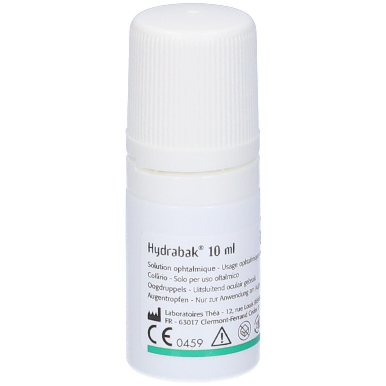 Flacone bianco con tappo a vite. Scritta: Hydrabak 10 ml, soluzione oftalmica. Marchio CE verde.