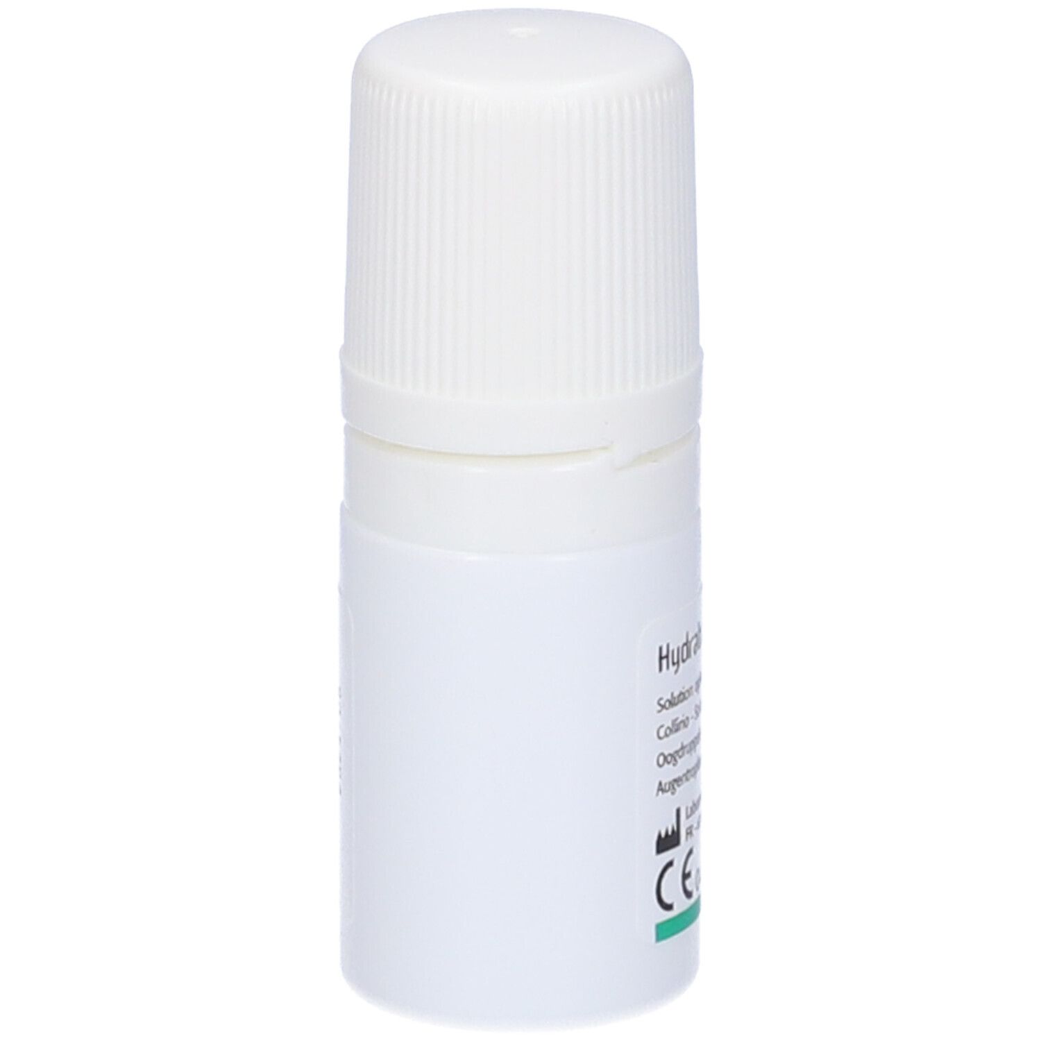 Flacone bianco con tappo a vite. Scritta: Hydrabak, soluzione oftalmica. Marchio CE verde.