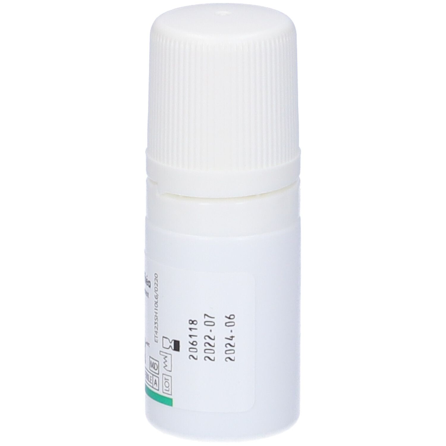 Flacone bianco con tappo a vite. Scritta: Data di scadenza. Marchio CE verde.