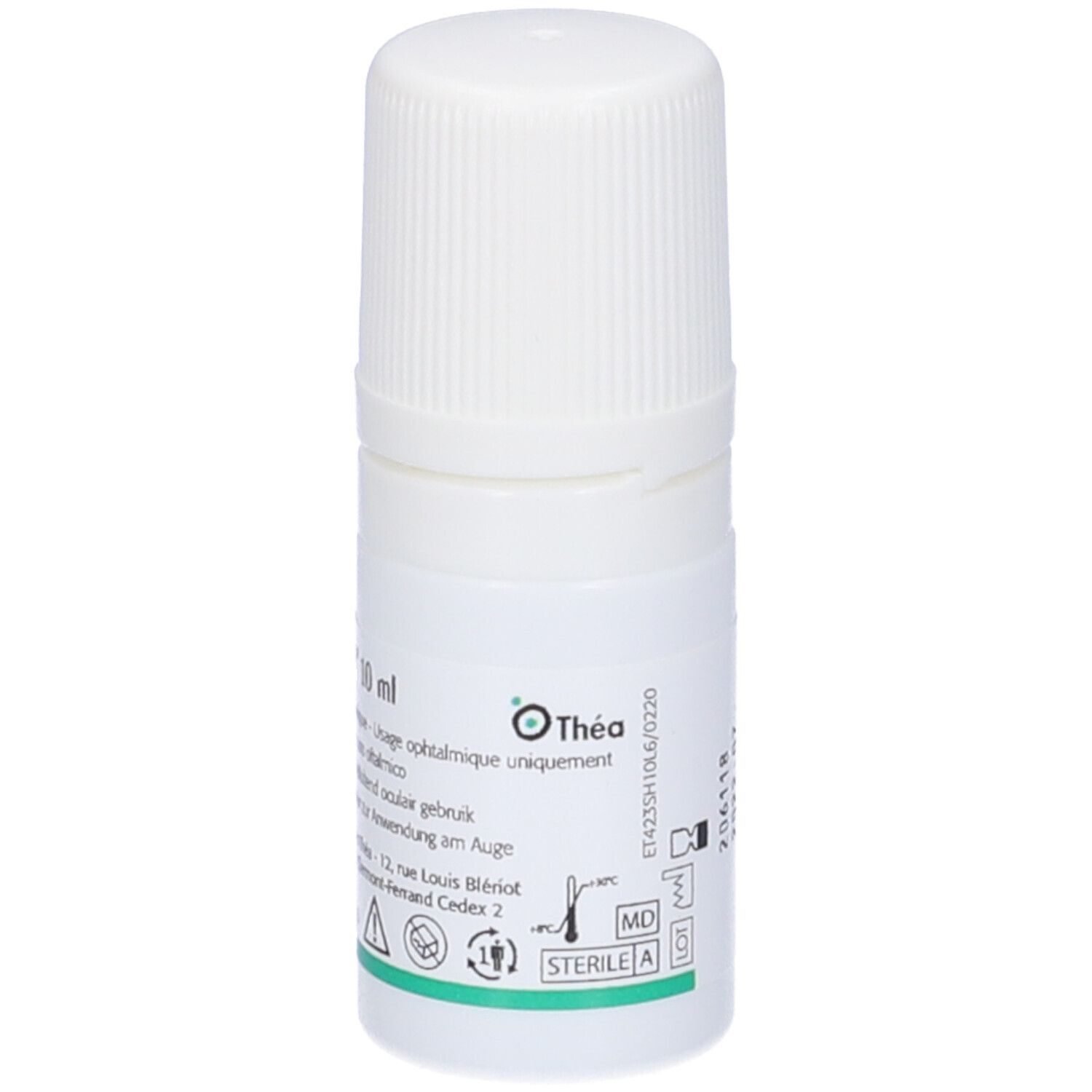 Flacone bianco con tappo a vite. Scritta: Thea, soluzione oftalmica. Marchio CE verde.