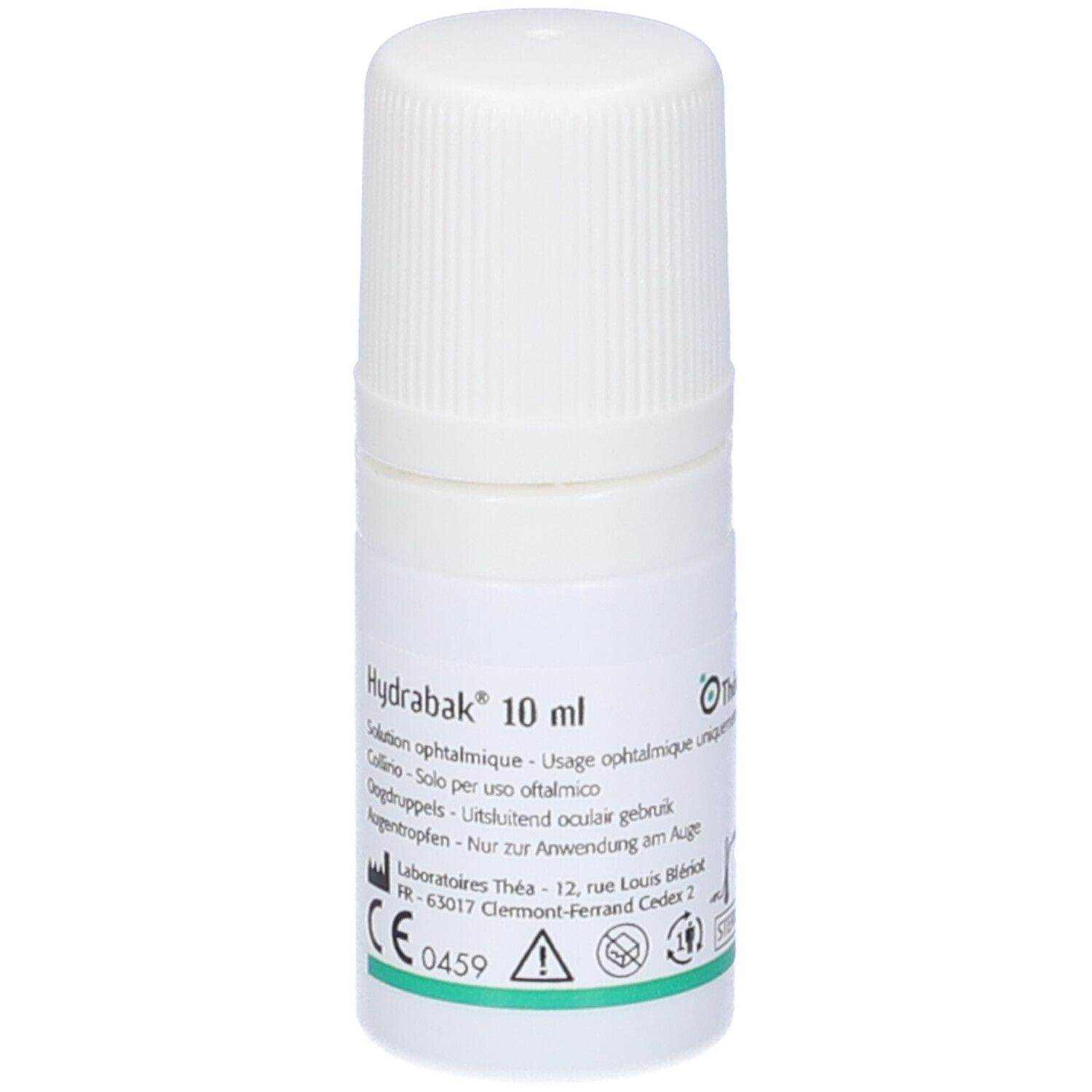 Flacone bianco con tappo a vite. Scritta: Hydrabak 10 ml, soluzione oftalmica. Marchio CE verde.