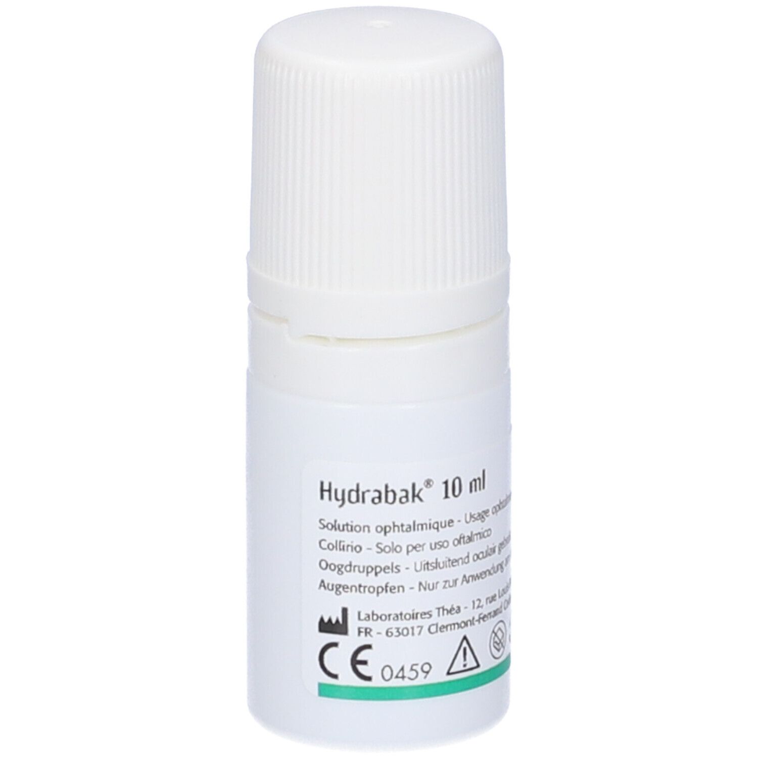 Flacone bianco con tappo a vite. Scritta: Hydrabak 10 ml, soluzione oftalmica. Marchio CE verde.