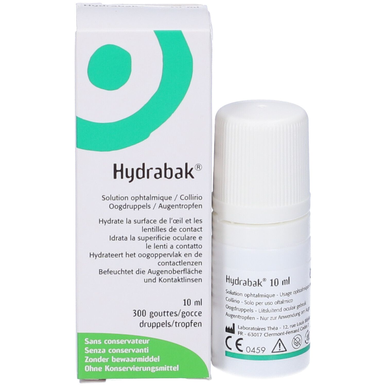 Confezione del prodotto con flacone. Scritta: Hydrabak, soluzione oftalmica. Marchio CE verde.