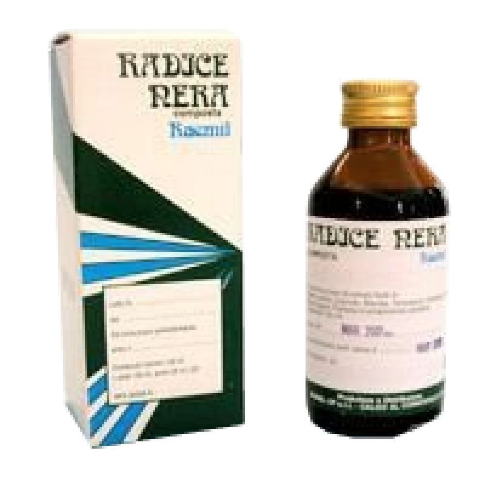Flacone di vetro marrone con tappo dorato e confezione in cartone. Scritta: Radice Rera.