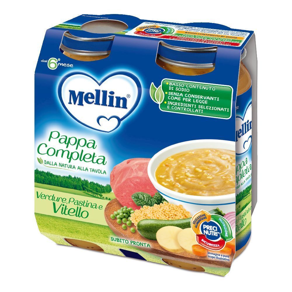 Mellin Babybrei "Pappa Completa" mit Gemüse, Nudeln und Kalbfleisch, 6er-Pack.