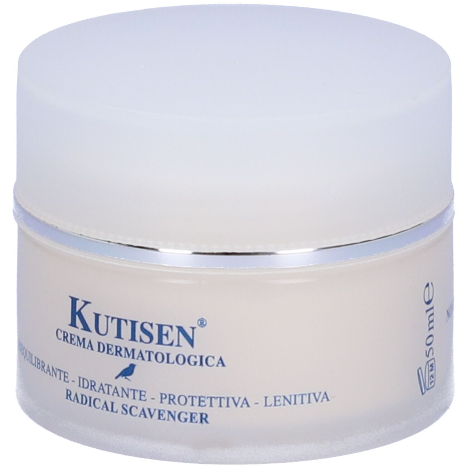 Vaso di crema con coperchio bianco, nome del prodotto e testo.
