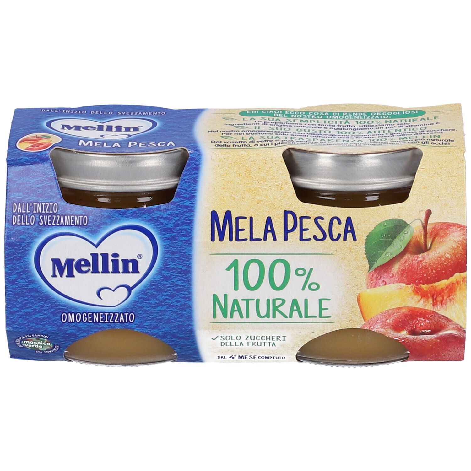 Zwei Gläser Mellin® Omogen 100 g G Mela Pesca in Verpackung. Aufschrift: 100% naturale. Logo Mellin®.