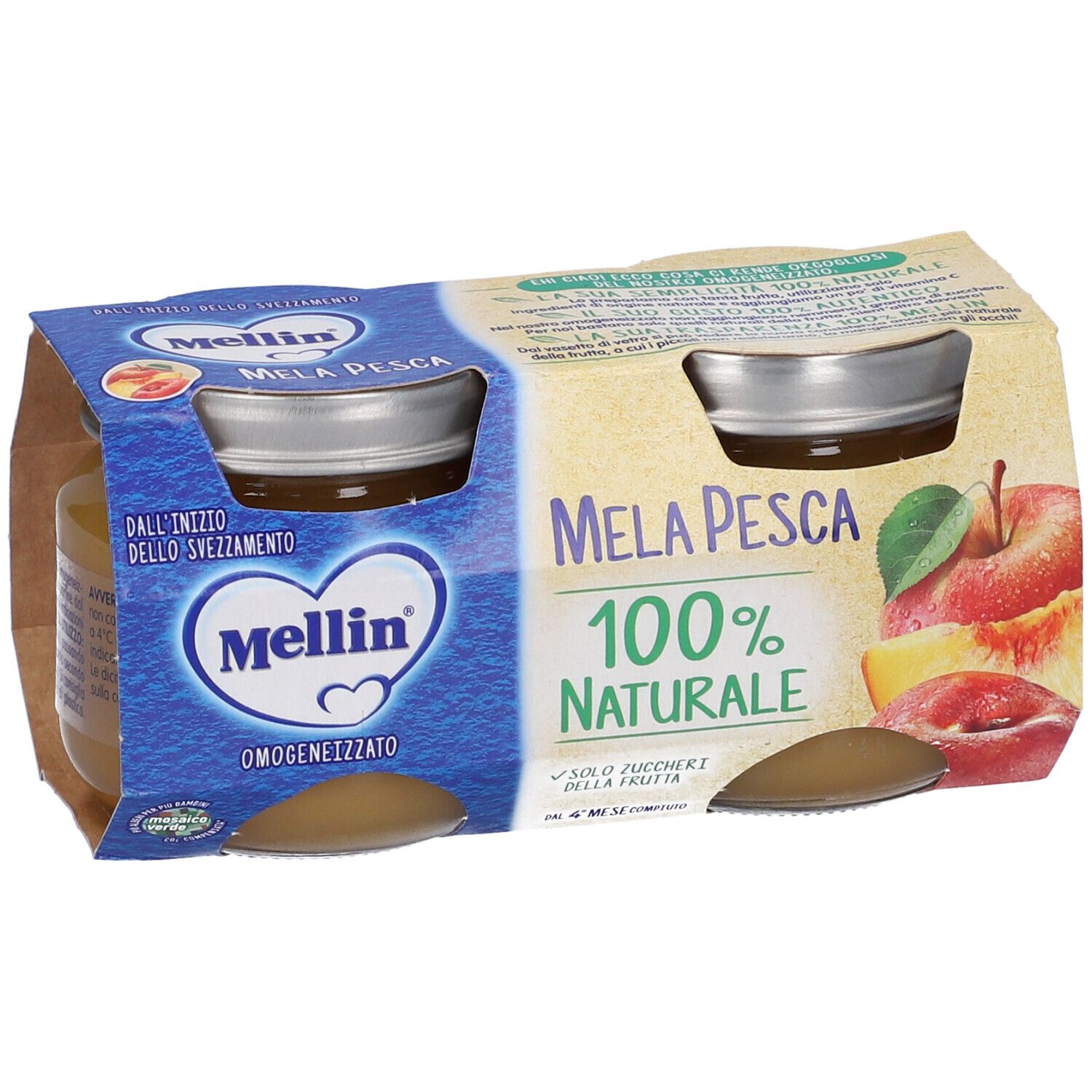 Zwei Gläser Mellin® Omogen 100 g G Mela Pesca in Verpackung. Aufschrift: 100% naturale. Logo Mellin®.